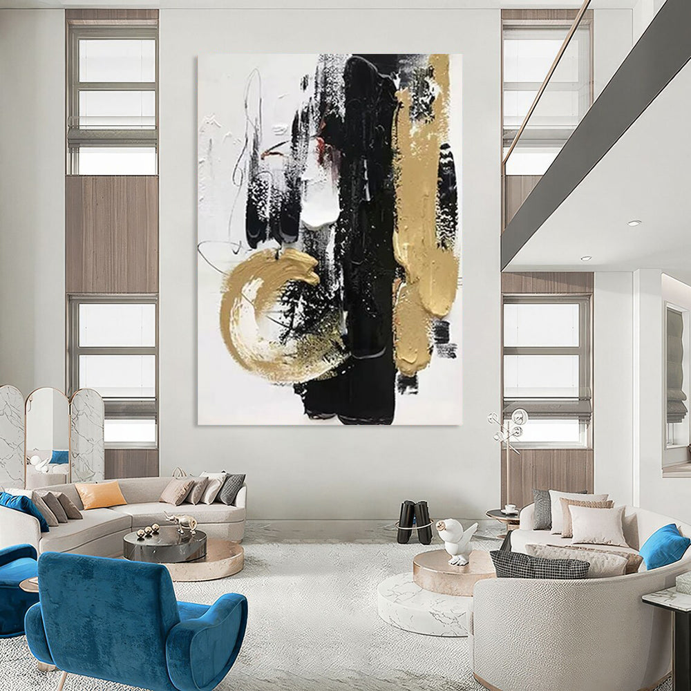 “Black - Gold Abstract Drama” - Textured Abstract Painting On Canvas DTP146