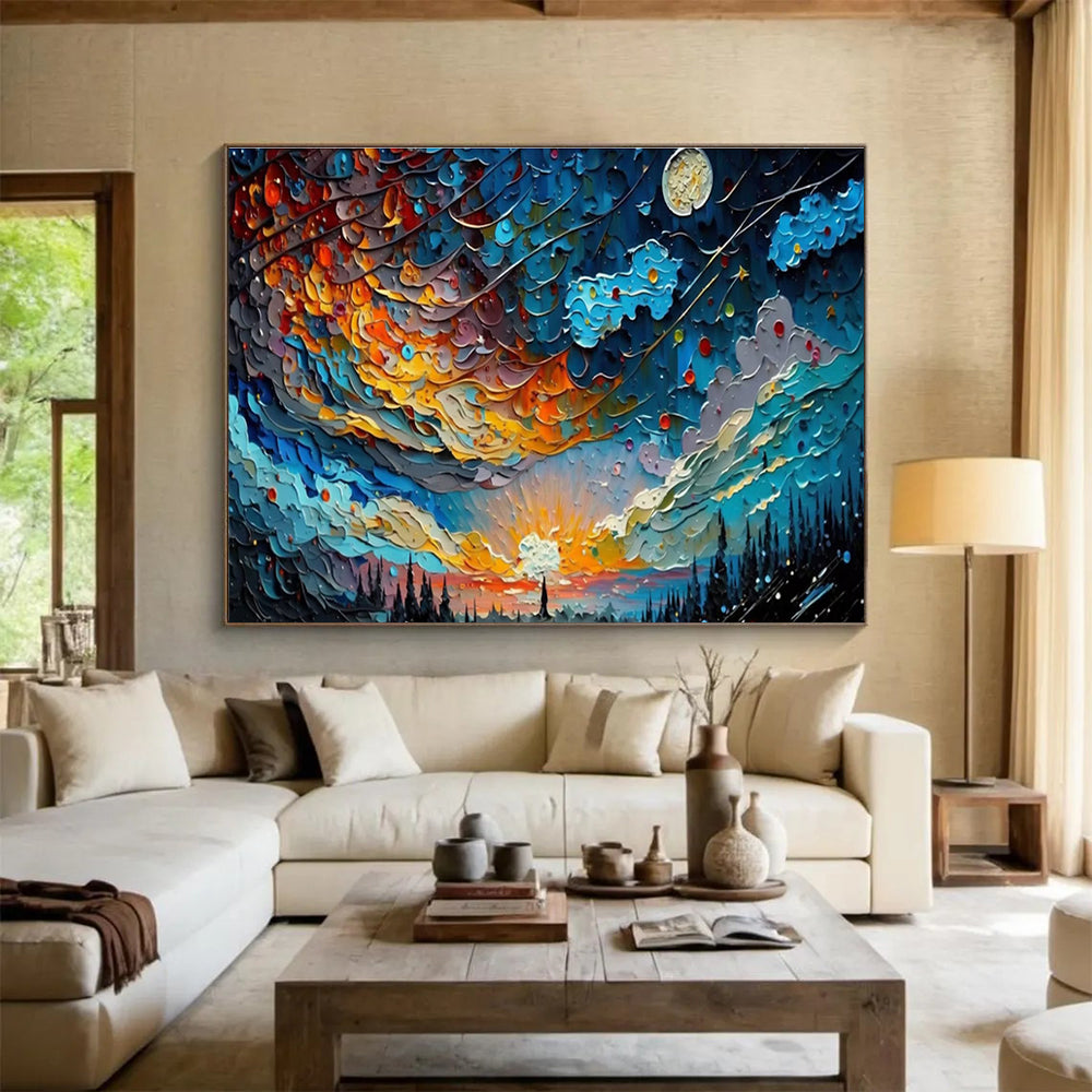 Starry Night Fantasy - Blue & Orange Textured Sky Painting On Canvas DKH878