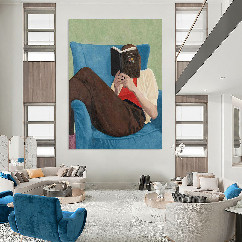 “Figure Reading on Blue Chair” - Green, Blue, Brown Figurative Painting On Canvas DTP303