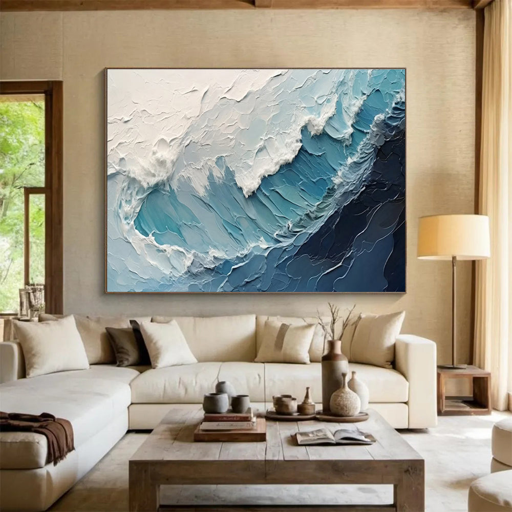 Textured Ocean Waves - Blue & White Impasto Sea Painting On Canvas DKH872