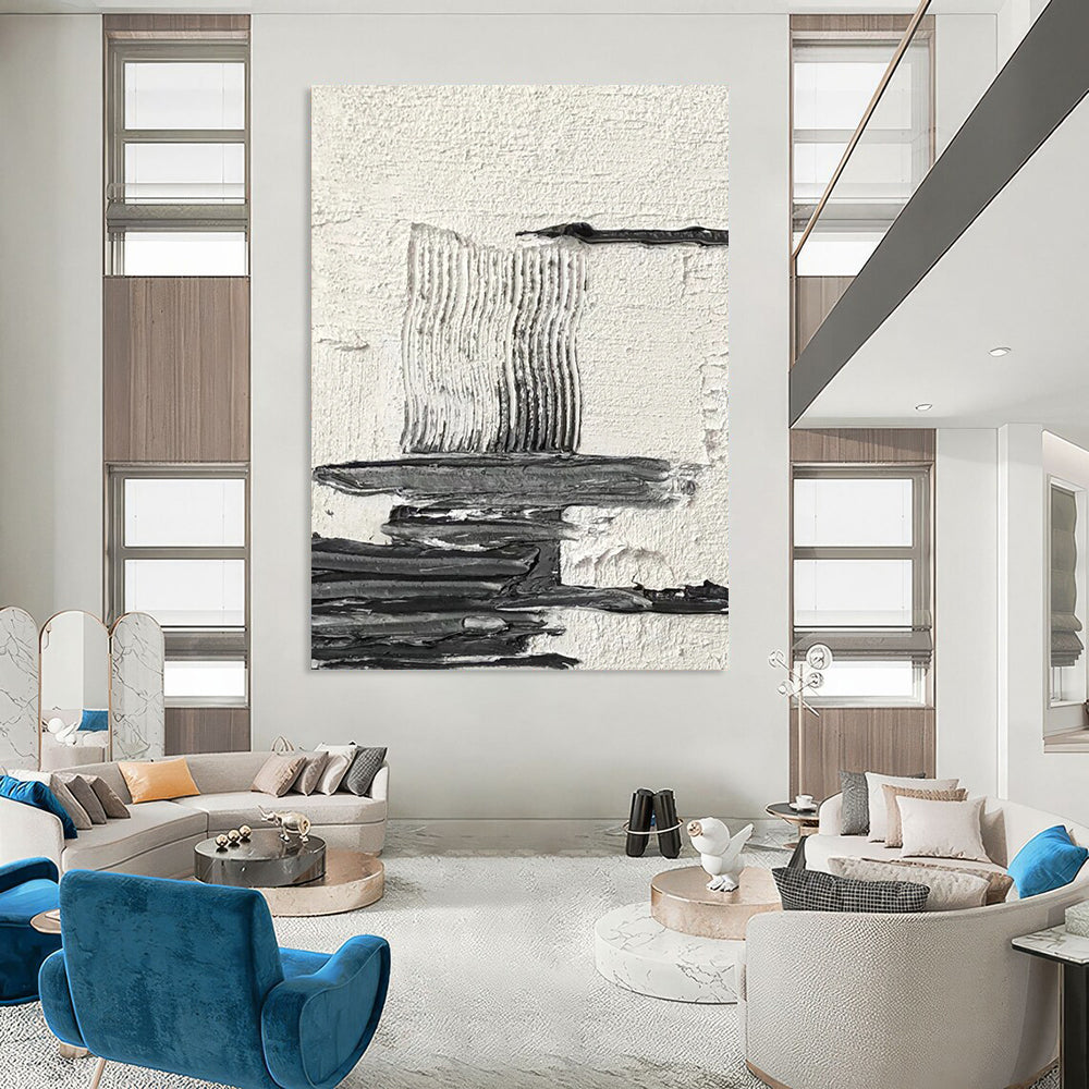“White, Black Textured Layers ‘Calm Complexity’” - Impasto Abstract Painting On Canvas DTP388