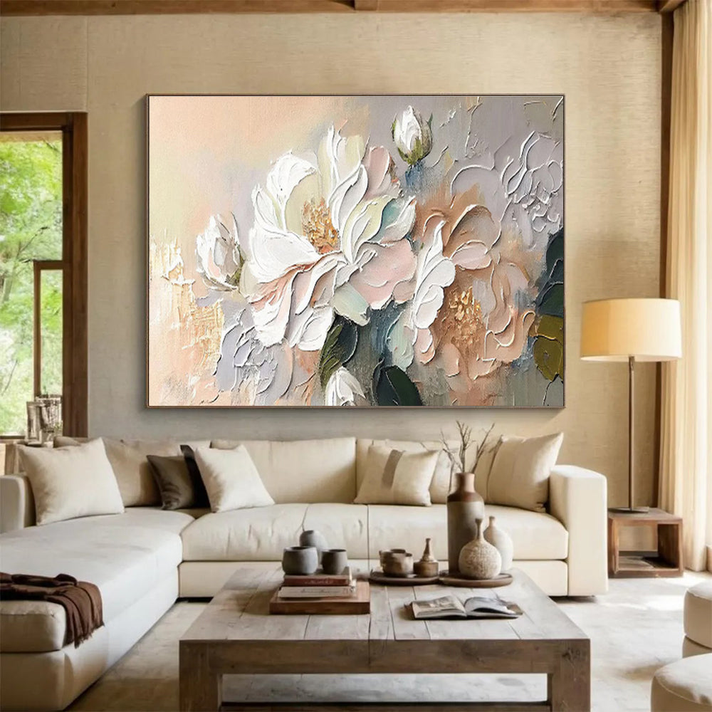 “Soft Blossom Touch” - White, Pink, Beige Textured Floral Impasto Painting On Canvas DKH713