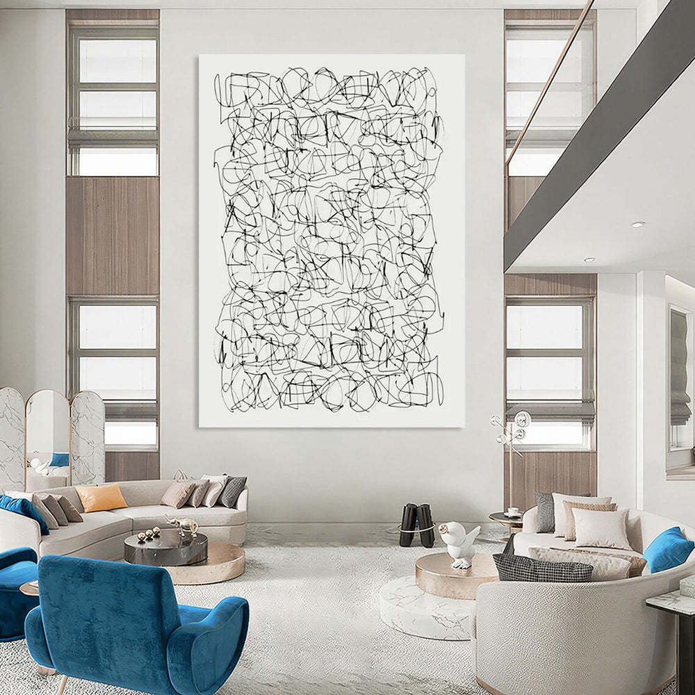 “Intricate Black & White Line Web” - Minimalist Abstract Drawing On Canvas CT2315