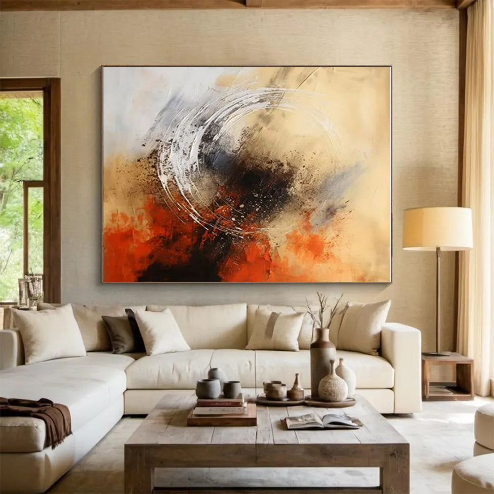 “Beige - Gray - Red Abstract Circle” ,Abstract Acrylic Painting CT0828