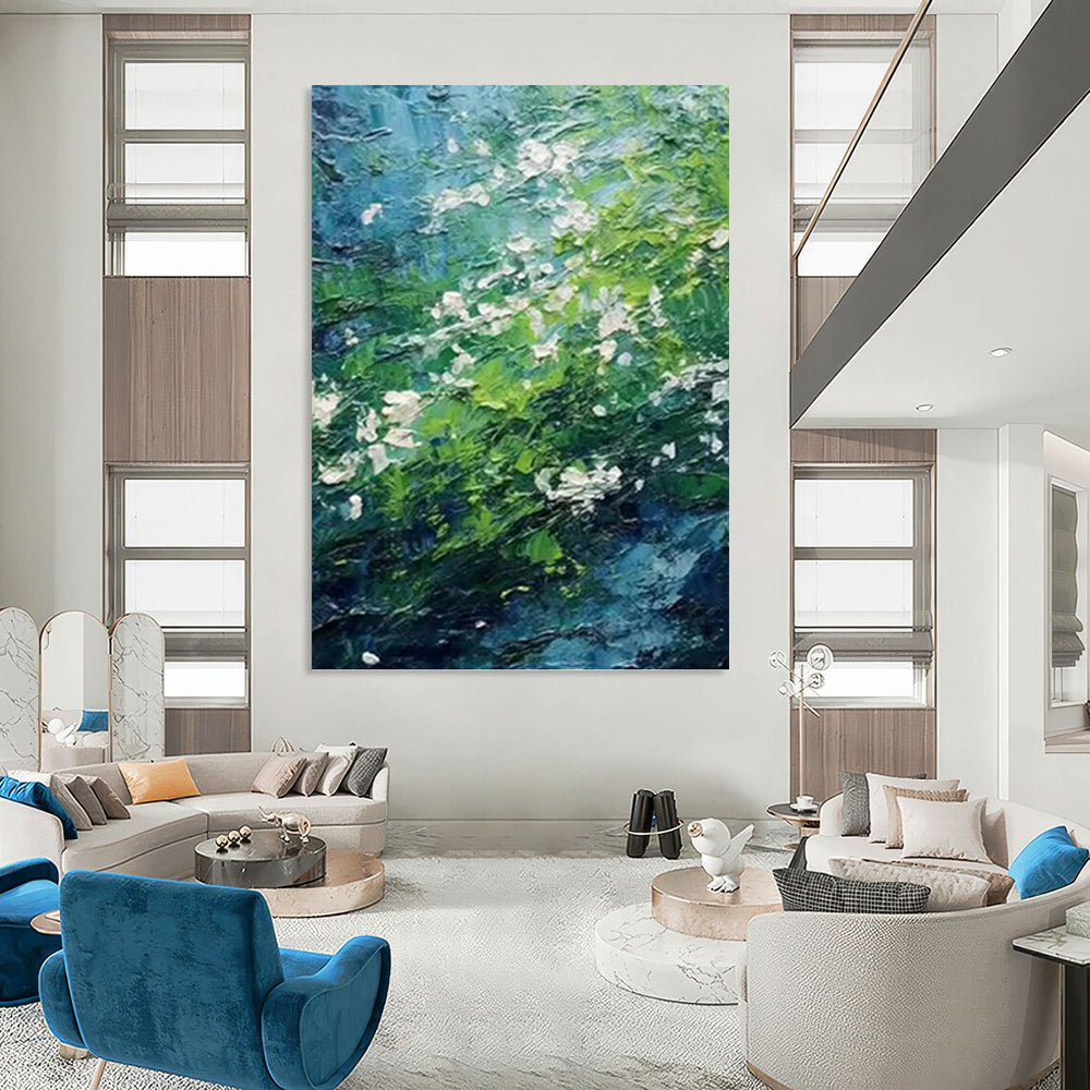 Green and Blue Floral Stream - Impasto Landscape Painting On Canvas DKH1404