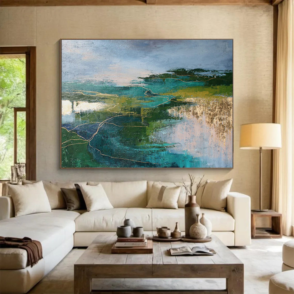 Green and Blue Abstract Landscape with Gold “Mystic Nature’s Pathways” Painting On Canvas DKH129