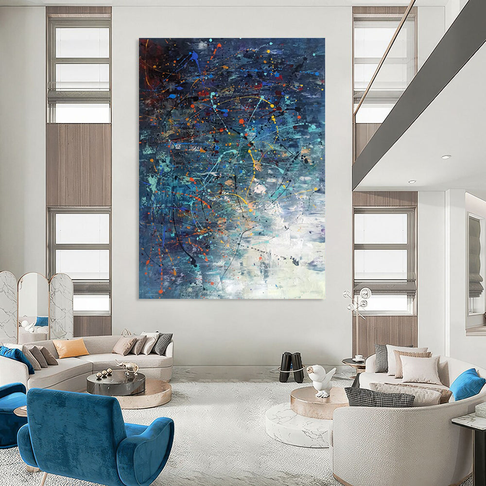 “Dynamic Color Splash” - Blue, Orange, Yellow, White Abstract Painting On Canvas DTP246