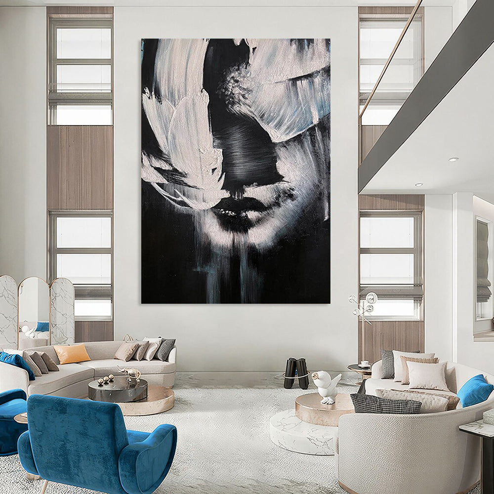 “Black, White Abstract Face ‘Mystery in Monochrome’” - Textured Figurative Painting On Canvas DTP331