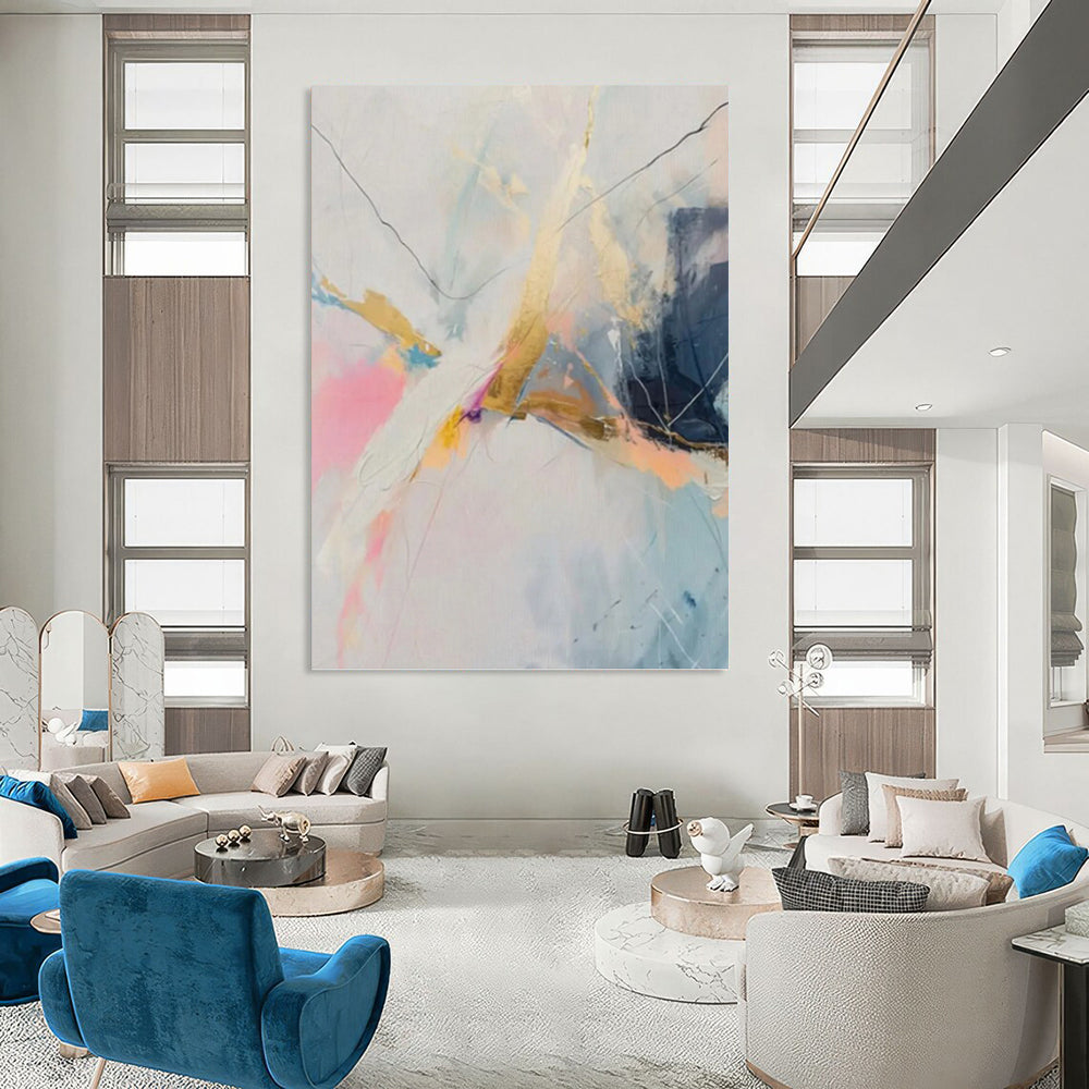 “Pastel, Gold & Blue Abstract Line Burst” Painting On Canvas DKH0995