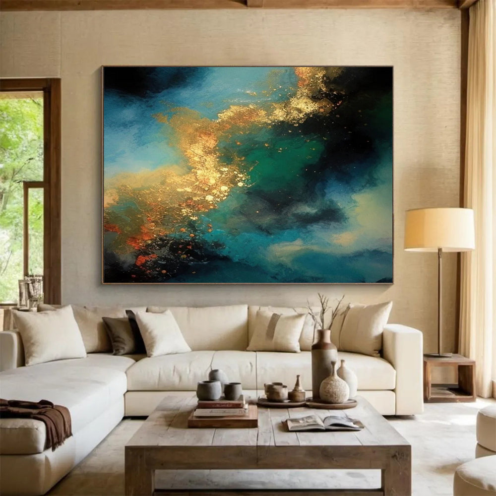 “Blue - Green With Gold Swirls” Abstract Painting On Canvas DLZ072