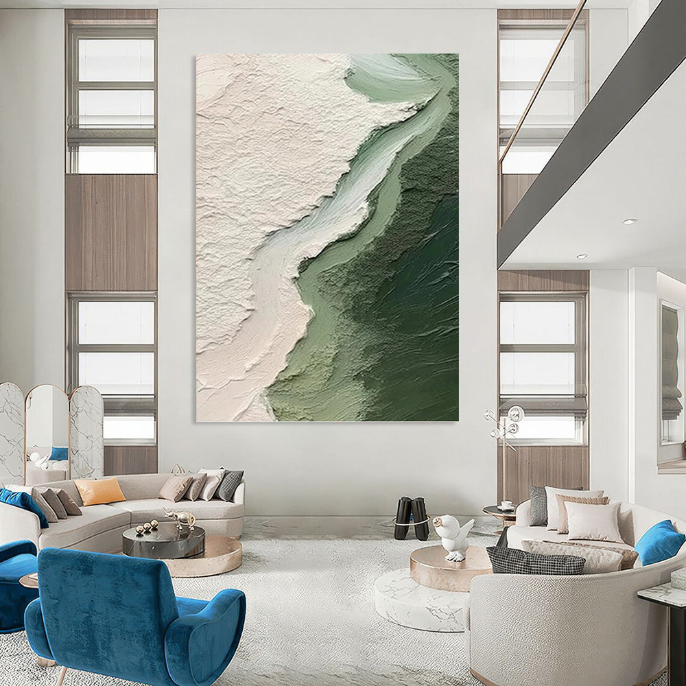 Textured Green and White Abstraction - Impasto Abstract Painting On Canvas DKH1382