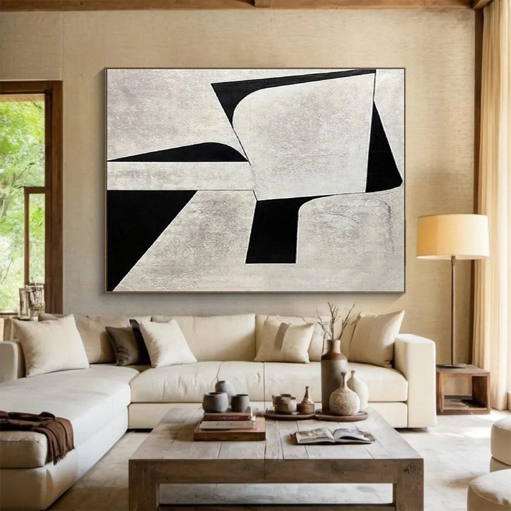 Monochrome Geometric Contrast in Gray and Black, Abstract Cubist - Inspired Painting On Canvas DKH582