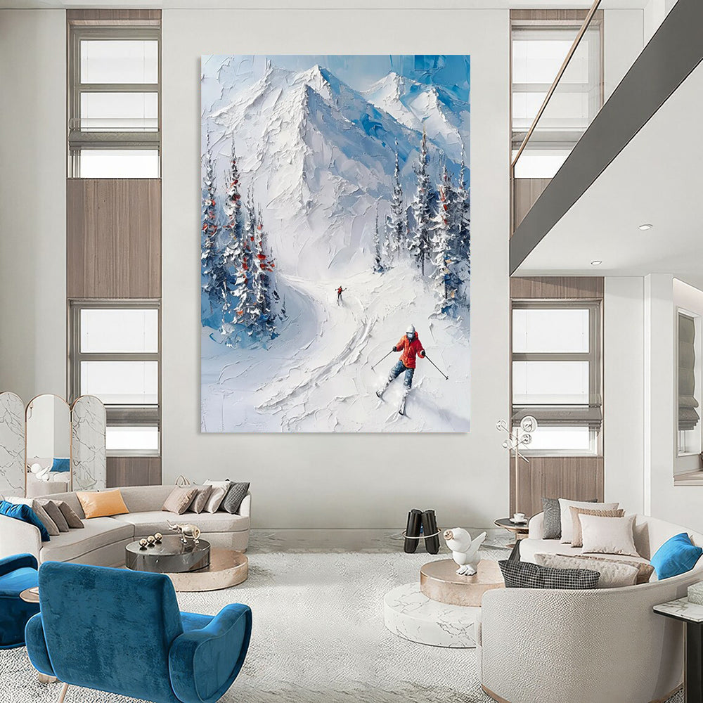 “White, Blue, Green Snowy Mountain ‘Ski Adventure’” - Impasto Landscape Painting On Canvas DTP313