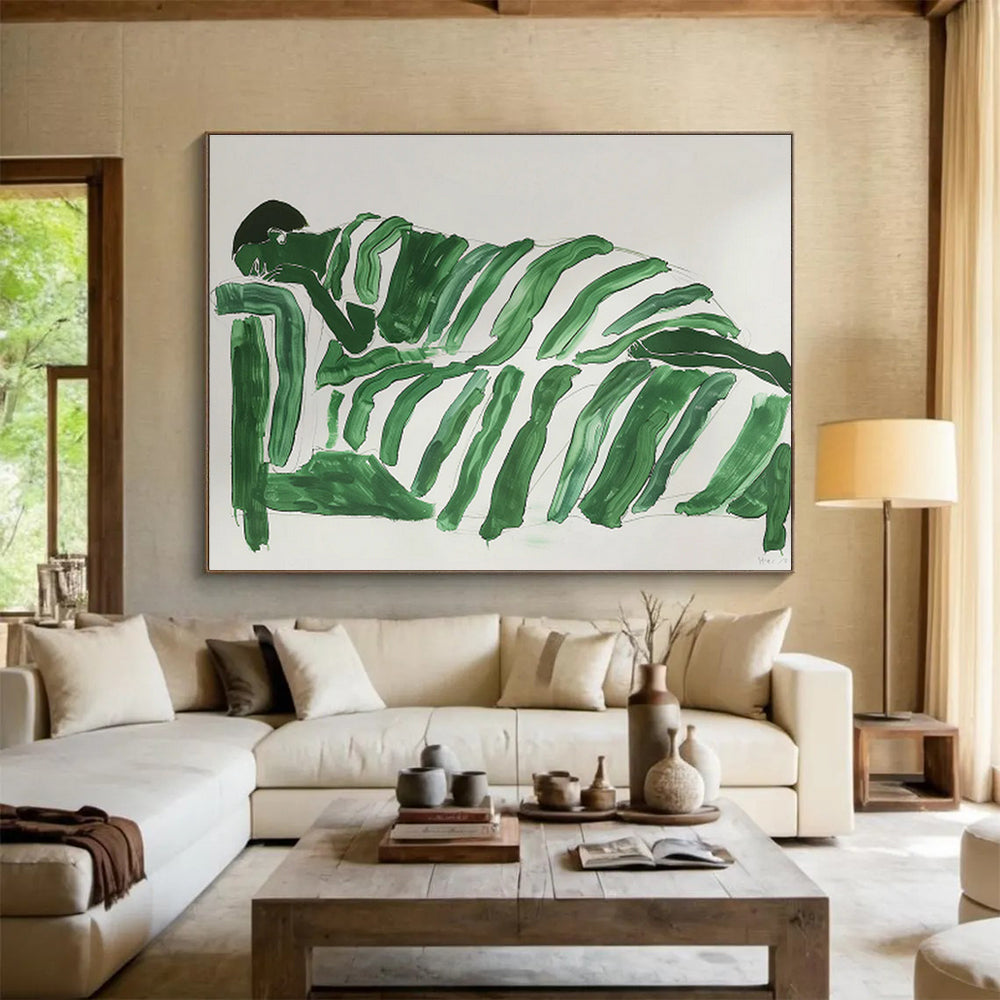 Green - Clad Figure on Sofa Minimalist Painting On Canvas DKH227
