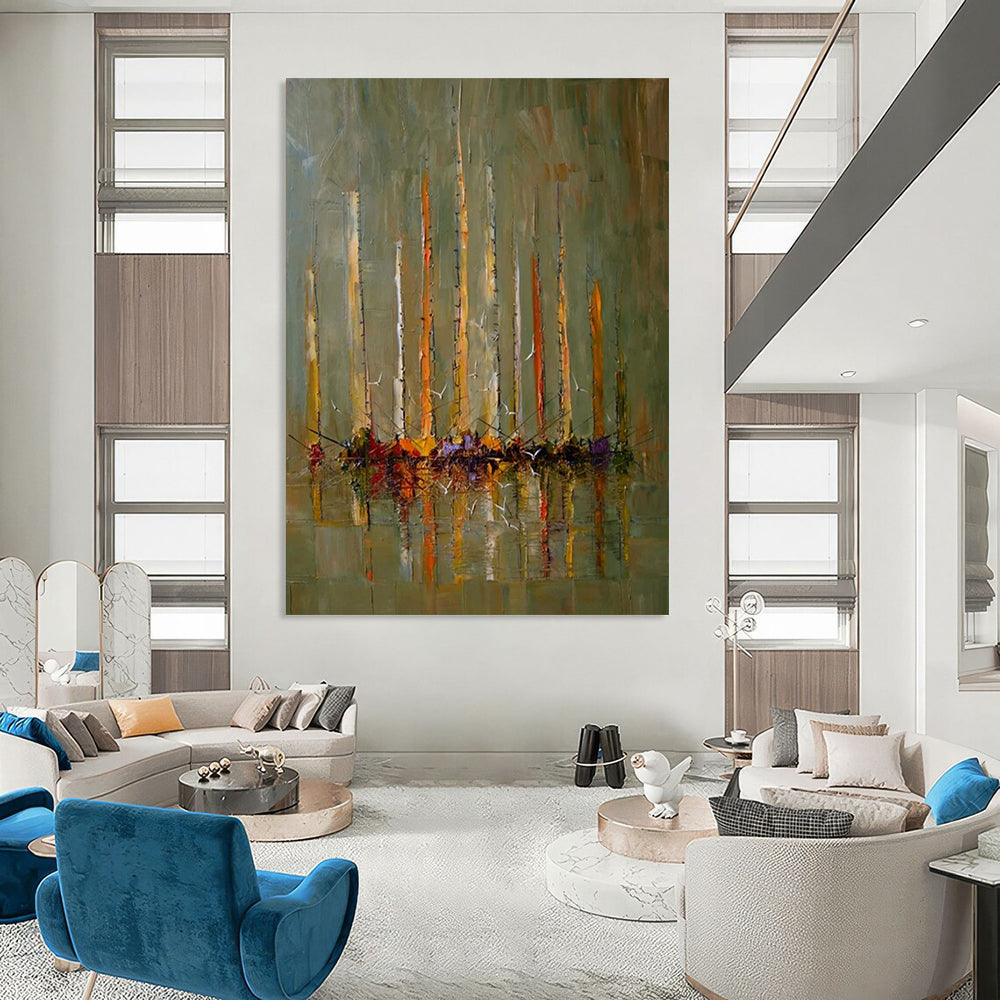 “Green, Orange, Yellow Sailboats ‘Harbor Harmony’” - Impasto Boat & Sea Painting On Canvas DTP330