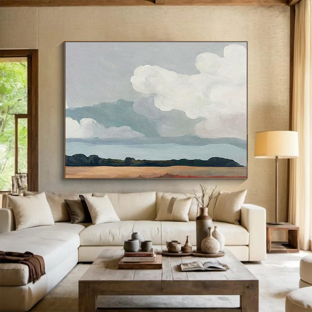 “Soft Clouds Over Earthy Field” - Minimalist Landscape Painting On Canvas DKH793