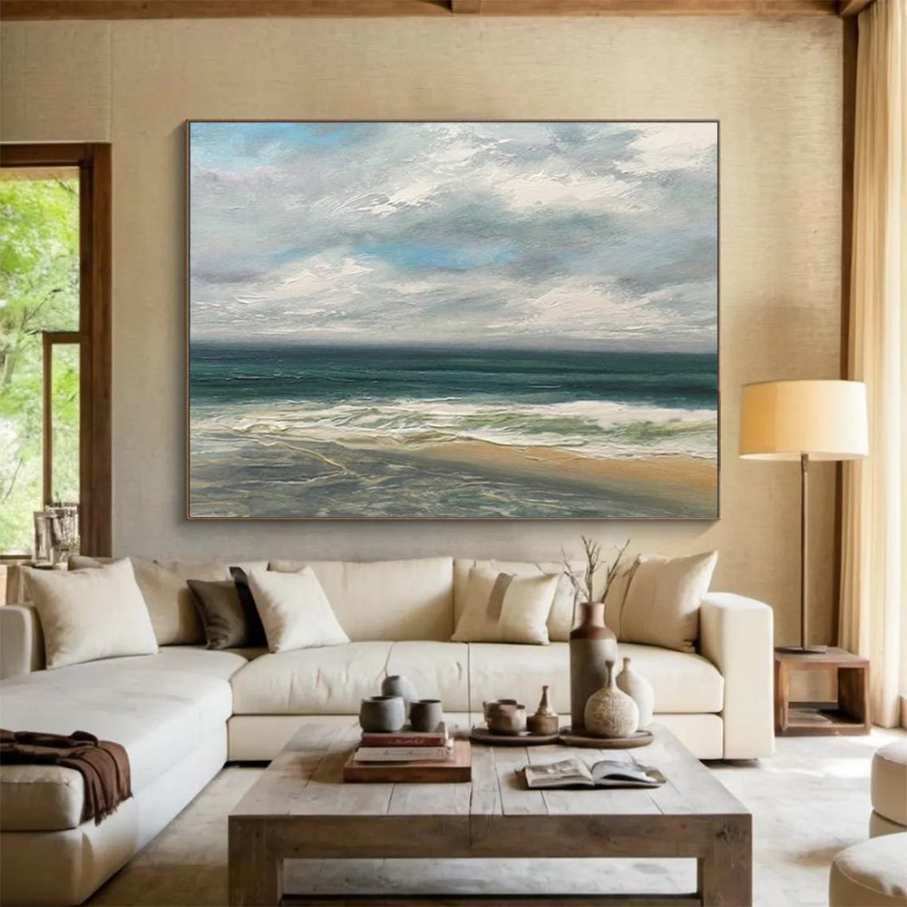 “Blue, Green, Cloudy Seaside ‘Serene Coastal Day’” - Impressionist Seascape Painting On Canvas DLZ021