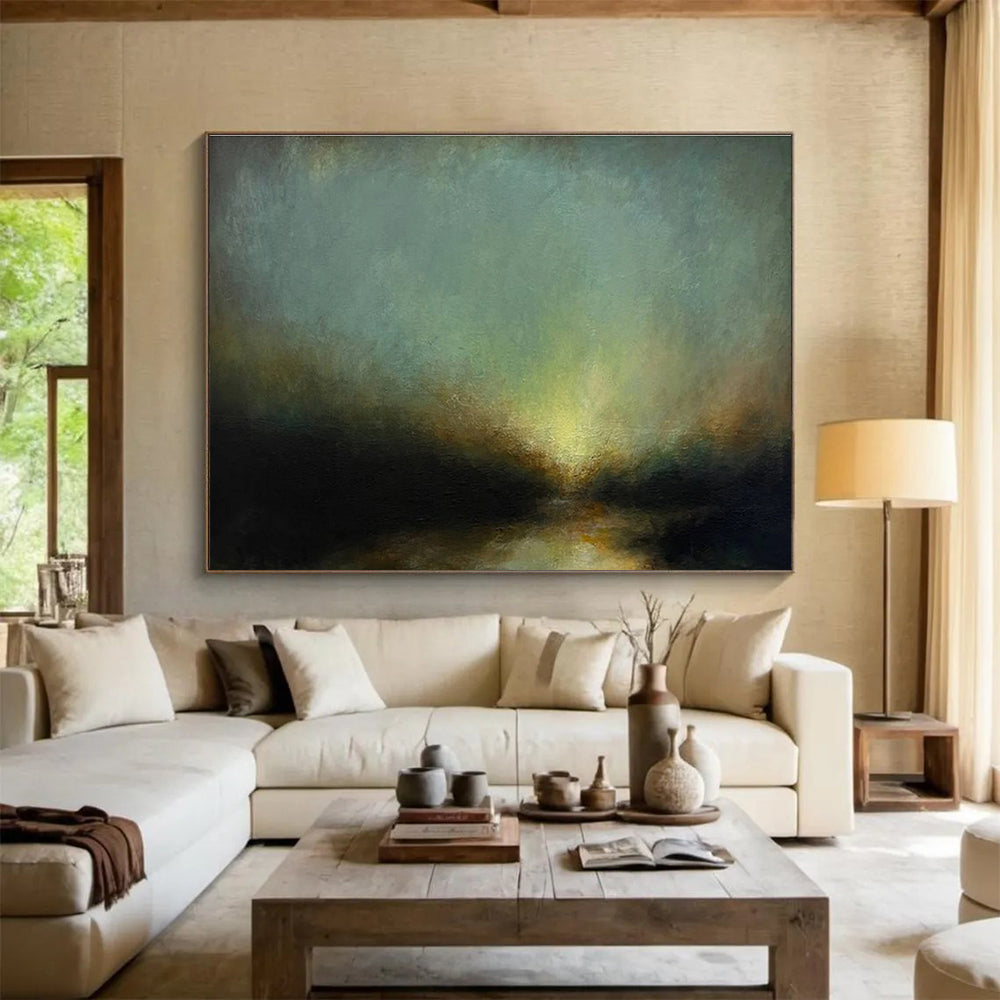 “Moody Green Sky Abstract River” - Atmospheric Landscape Painting On Canvas DKH777