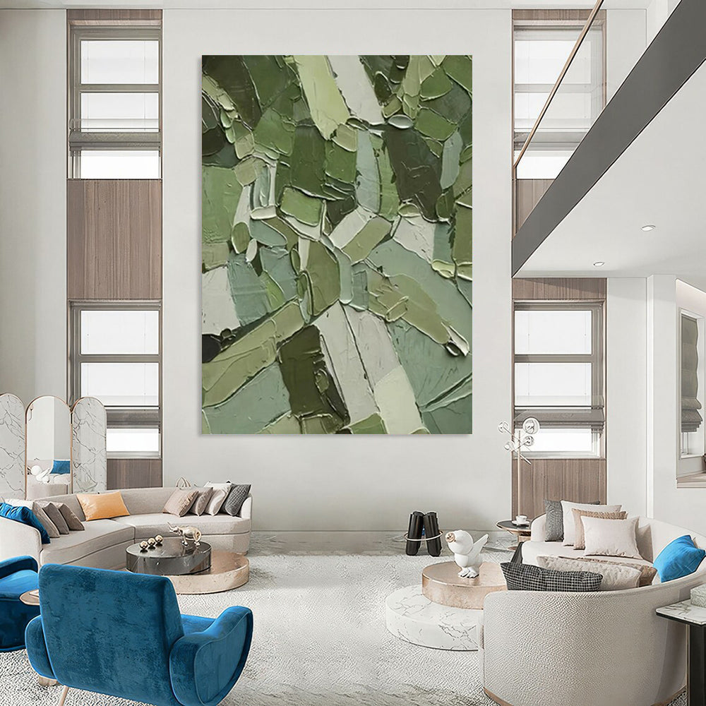 Green Geometric Impasto - Geometric Abstract Painting On Canvas CT2296