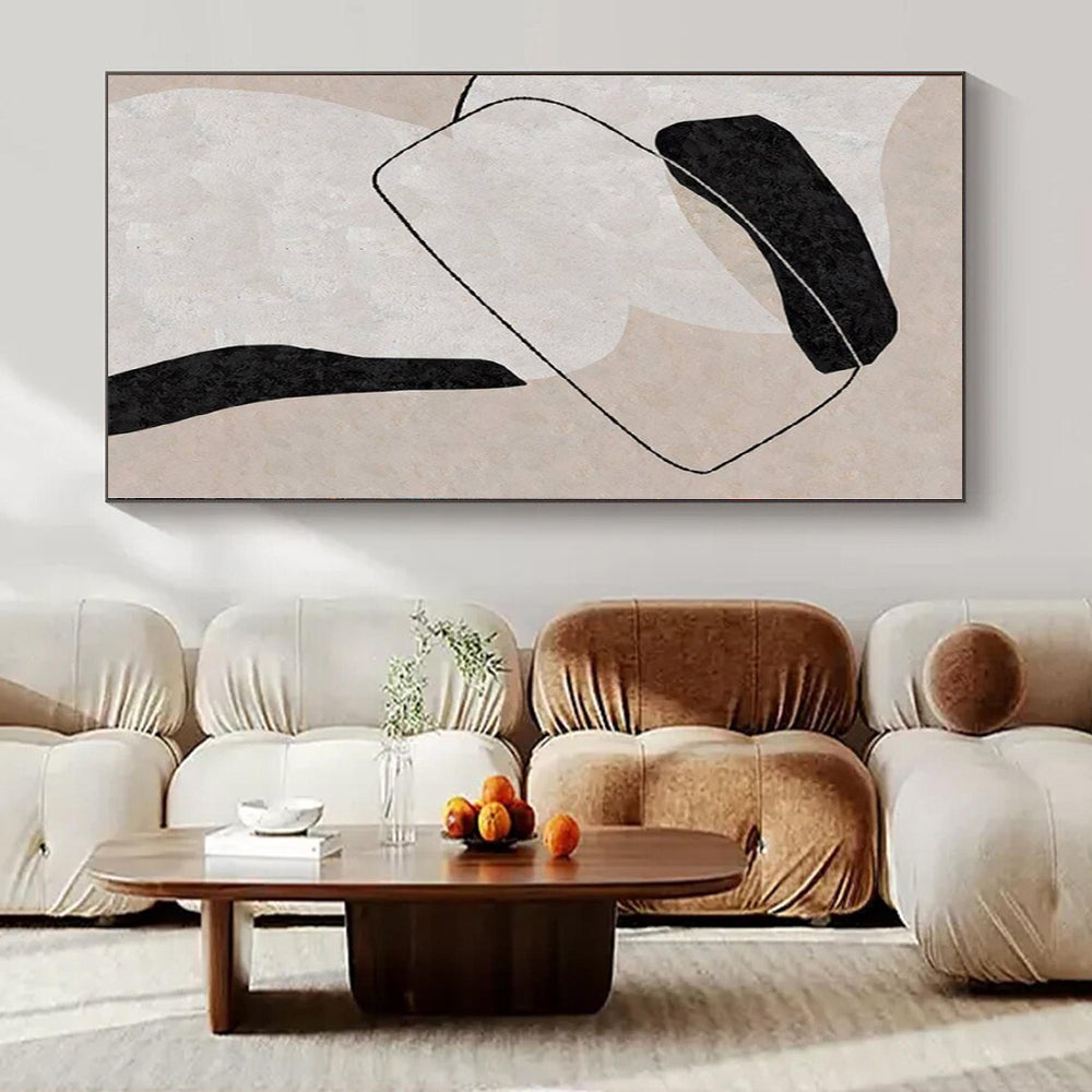 “Beige, Black, and White Interlocking Forms” – Geometric Abstract Painting(Variation) CT1122