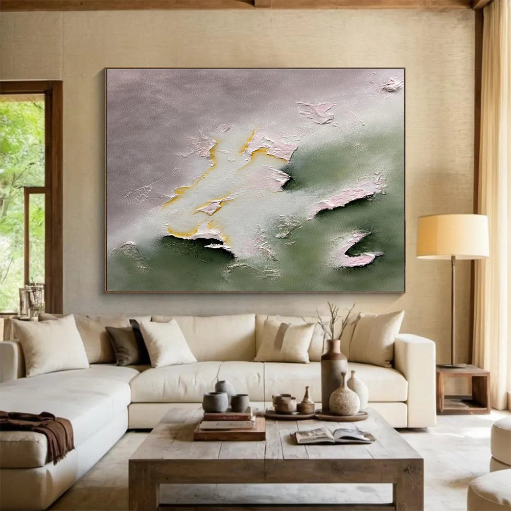 Pastel Textured Clouds - Gray, Green & Yellow Abstract Painting On Canvas DKH918