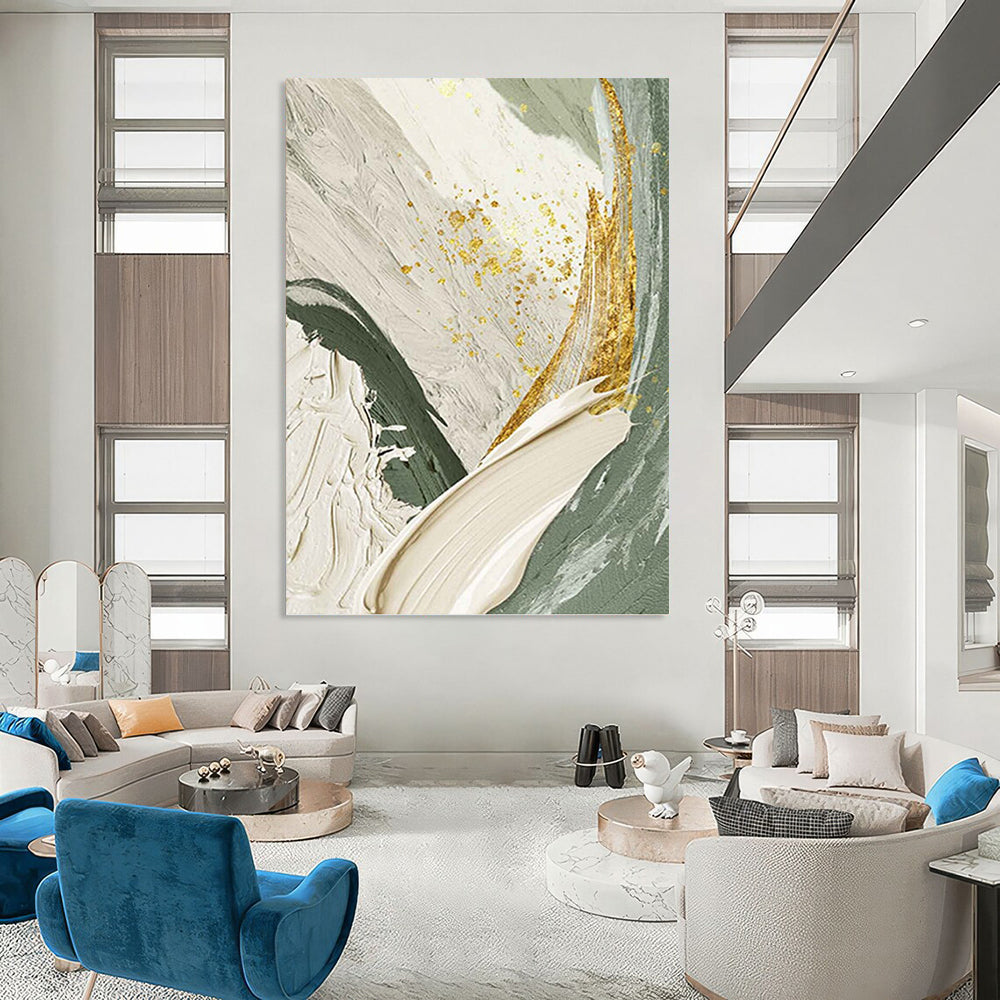 Green, White, and Gold Abstract - Abstract Painting On Canvas DKH1495