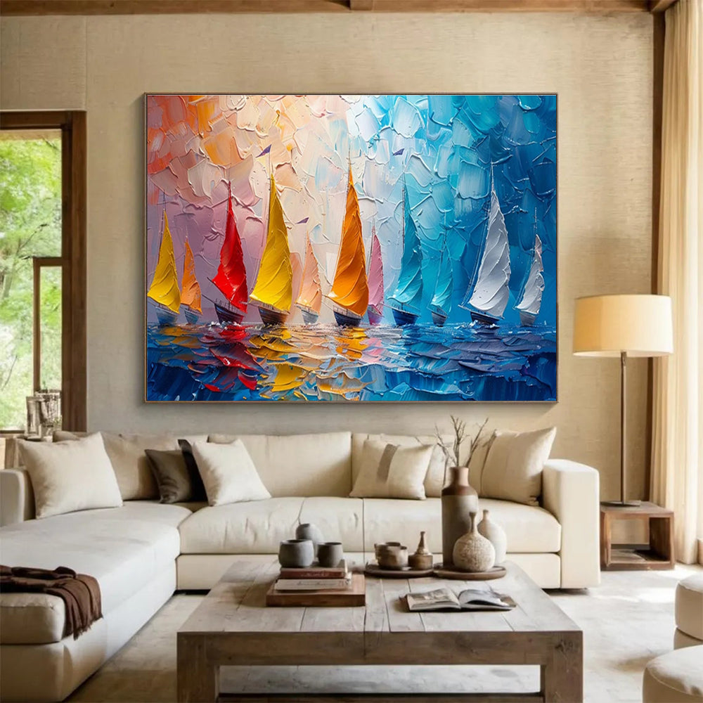“Colorful Sailboats on Textured Sea” - Energetic Marine Painting On Canvas DKH800