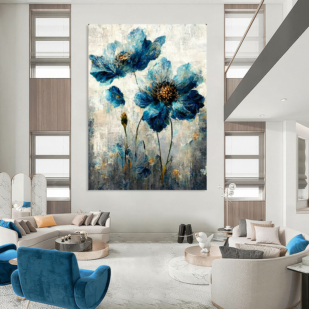 “Textured Blue Flowers” – Impasto Floral Oil Painting On Canvas CT2169