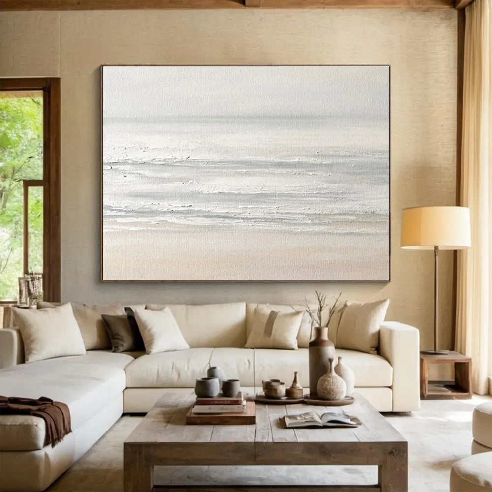 “Minimalist Seaside”:Subtle Gray White Coastal Painting On Canvas DKH258