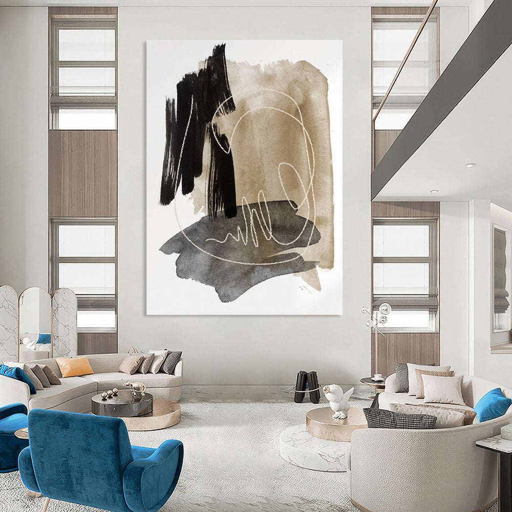 “Ink - Wash Abstract with White Lines” - Black, Beige & Gray Watercolor - Style Painting On Canvas DKH0969