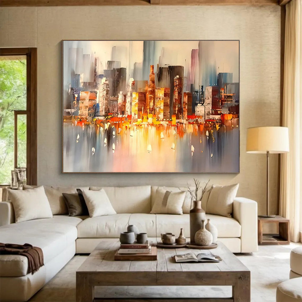 Colorful City Skyline - Gray, Orange & Blue Urban Painting On Canvas DKH899