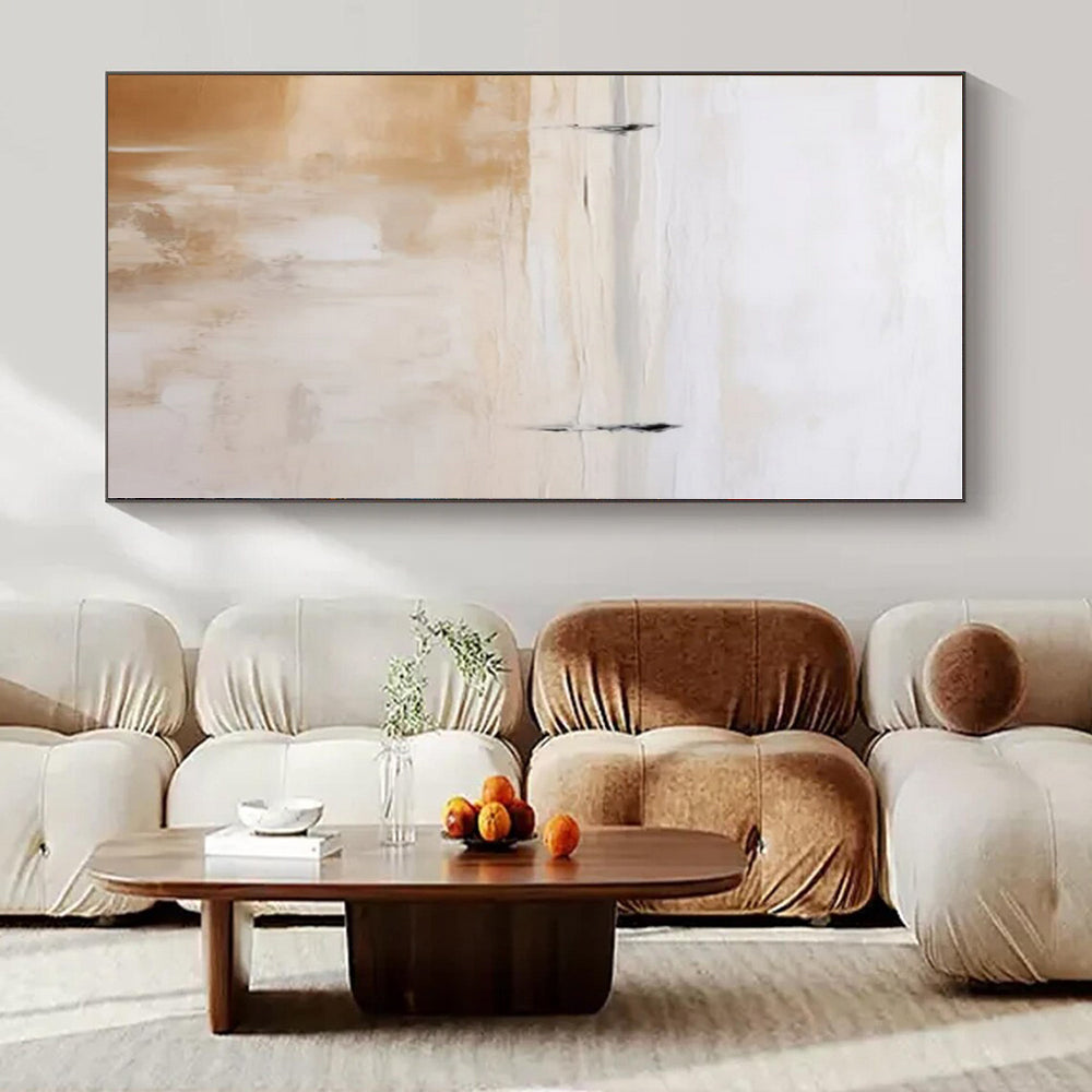 Two Figures on Beige Horizon - Minimalist Abstract Oil On Canvas CT1313