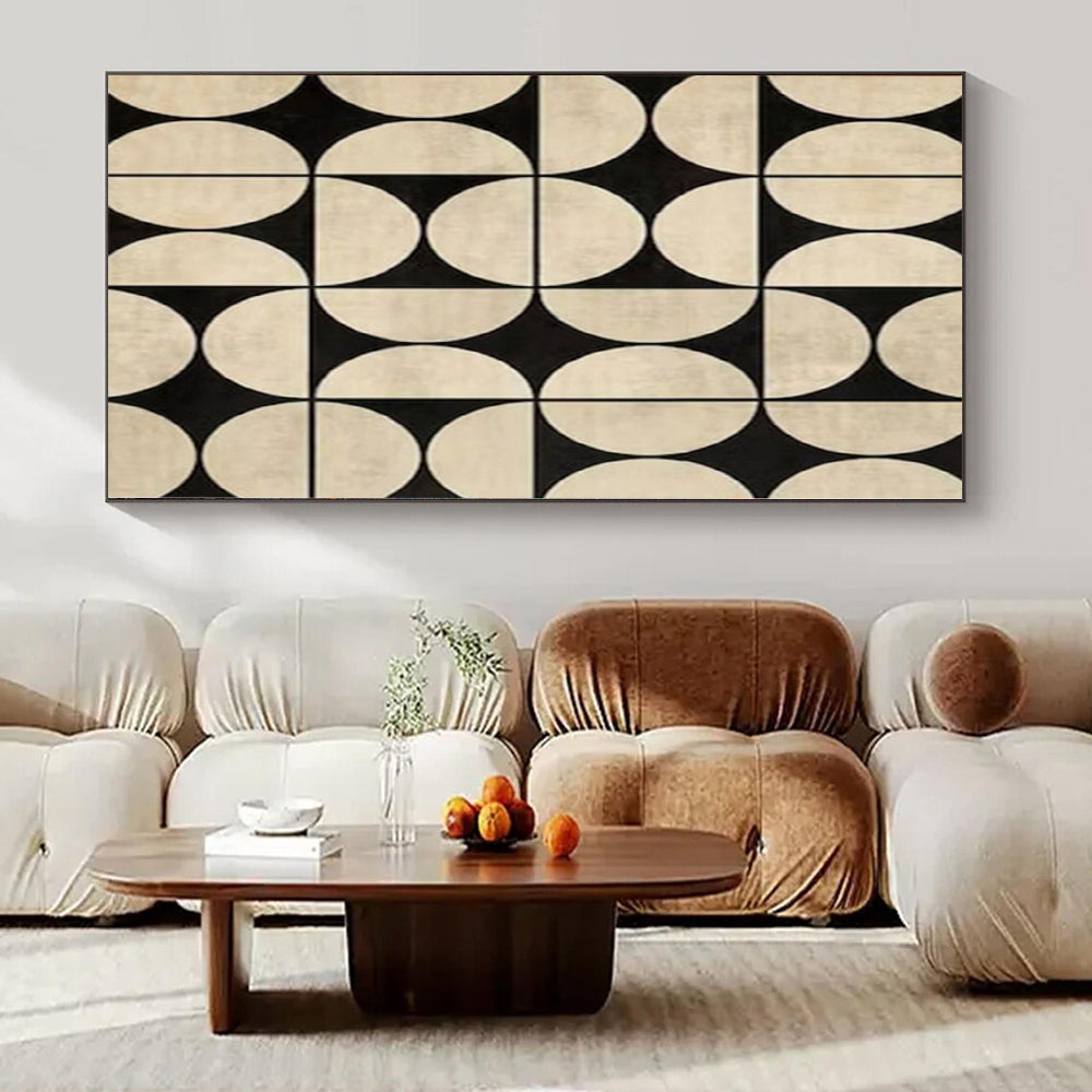 “Symmetrical Black - Beige Circles” – Abstract Geometric Pattern Painting CT1082