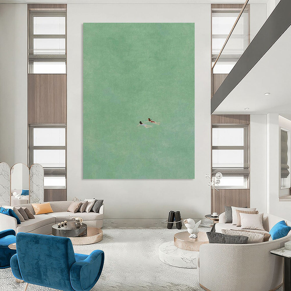 “Two Swimmers in Green” - Green, Blue, Red Minimalist Figurative Painting On Canvas DTP305