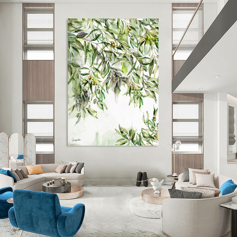 “Green Olive Branches with Olives” - Nature - Inspired Watercolor Painting On Canvas DKH1083