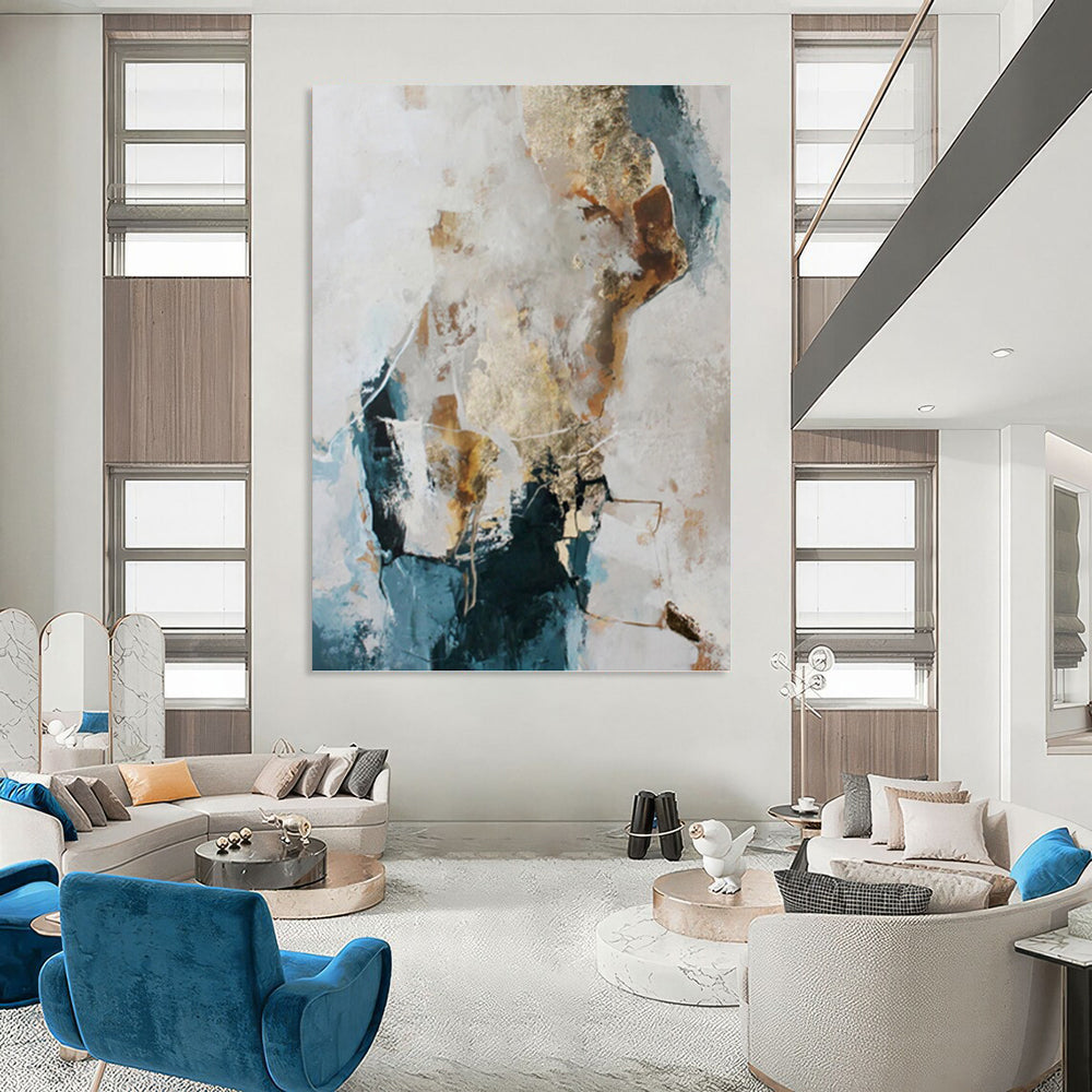“Blue, Gold & White Abstract” - Blue, Gold & White Coastal - Inspired Painting On Canvas DKH1010