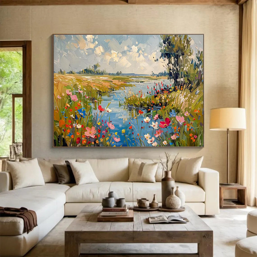 “Riverside Wildflower Meadow” - Impasto Scenery Painting On Canvas DKH833