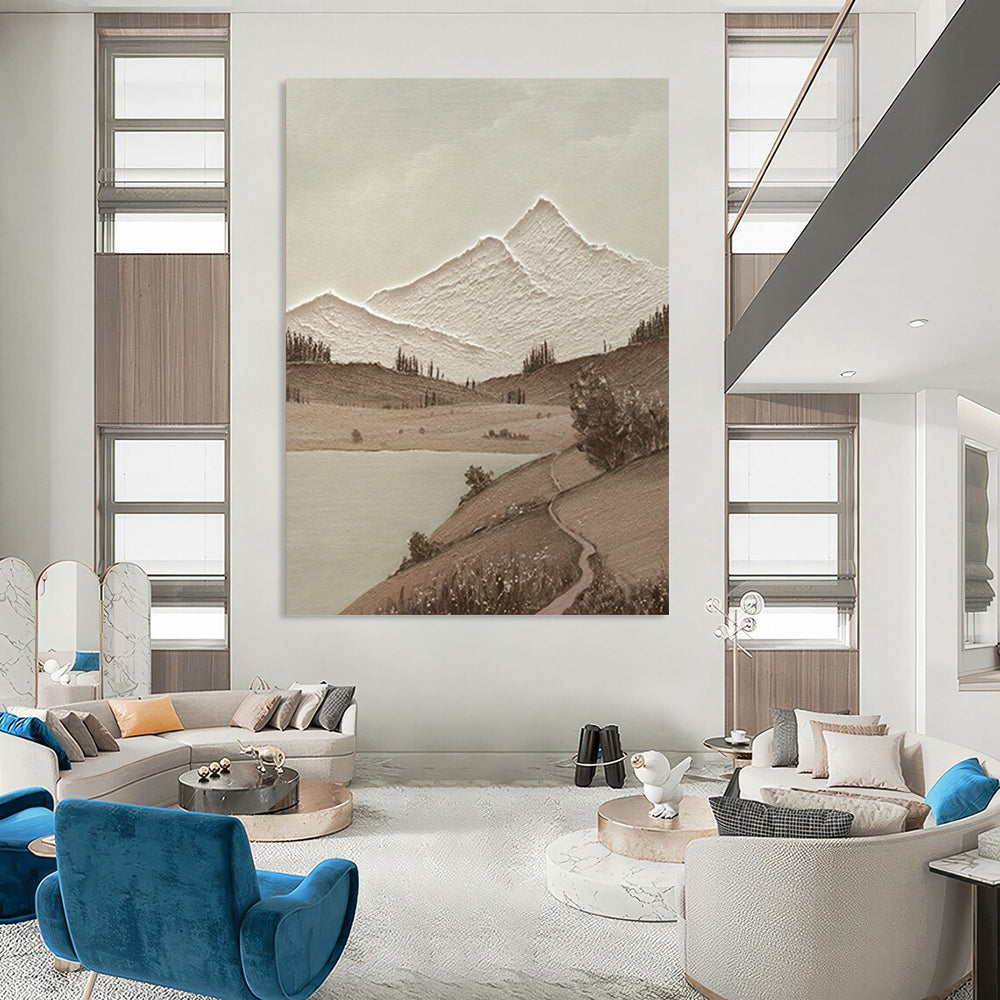 “Monochrome Mountain Serenity - Brown, White Textured Landscape” Painting On Canvas DTP268