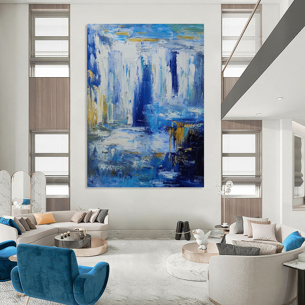 Blue and Gold Abstract Waterfall - Abstract Landscape Painting On Canvas DKH1332