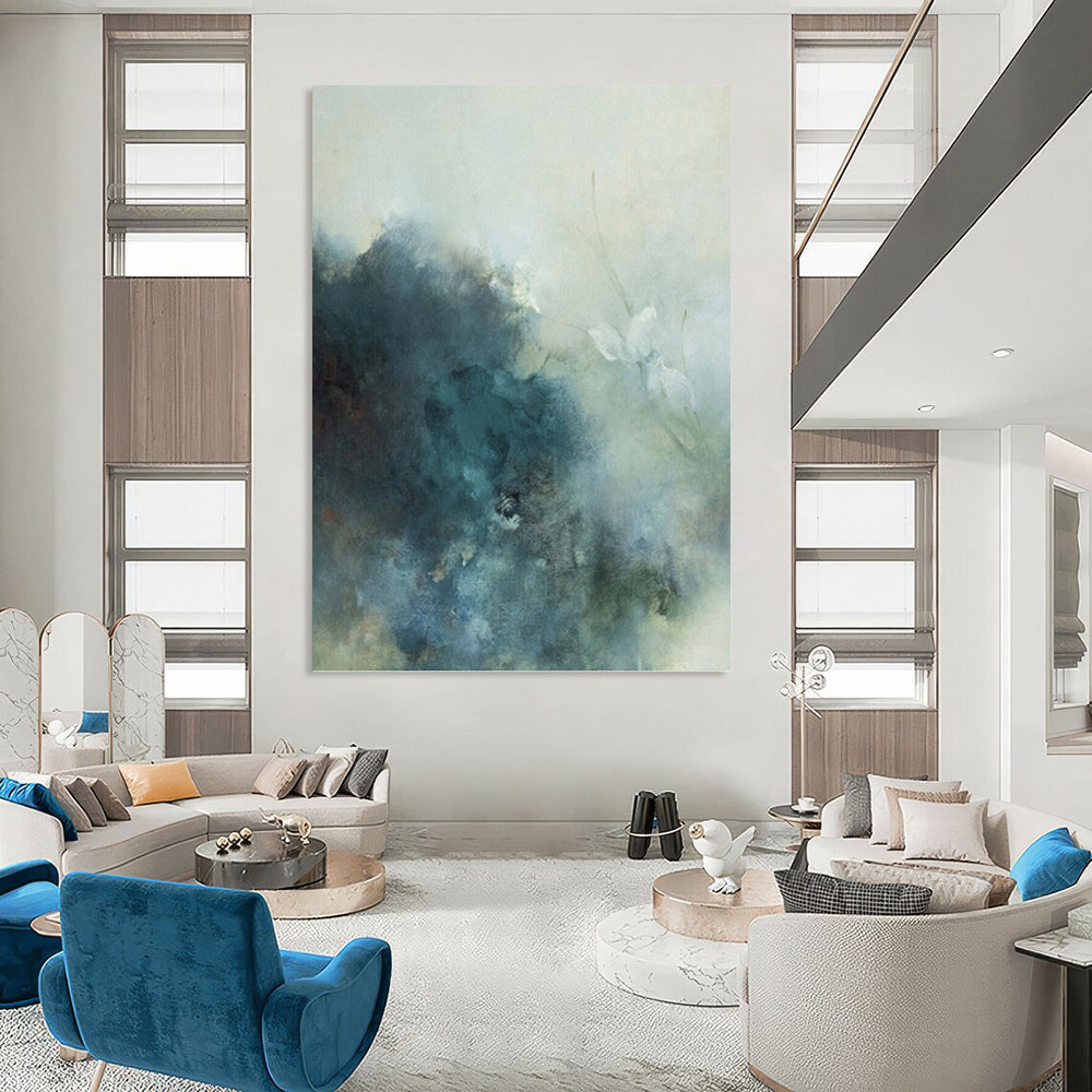“Soft Blue - Gray Floral Mist” - Blue, Gray & White Abstract Flower Painting On Canvas DKH0948