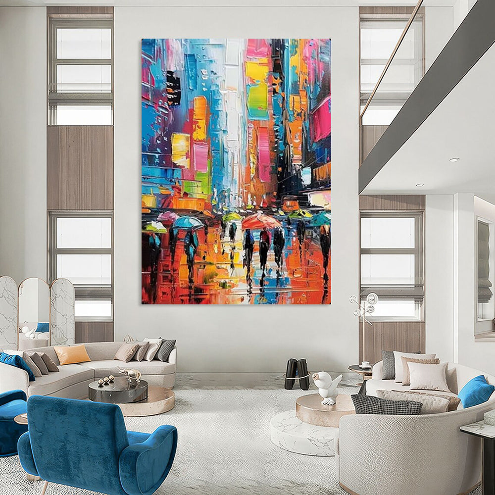“Colorful Urban Rainy Street” – Impressionistic Cityscape Oil Painting On Canvas CT2141
