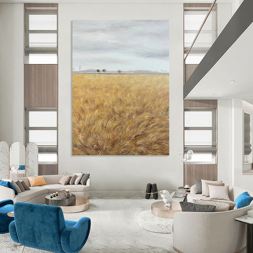 Golden Field Under Gray Sky - Landscape Painting On Canvas DKH1434