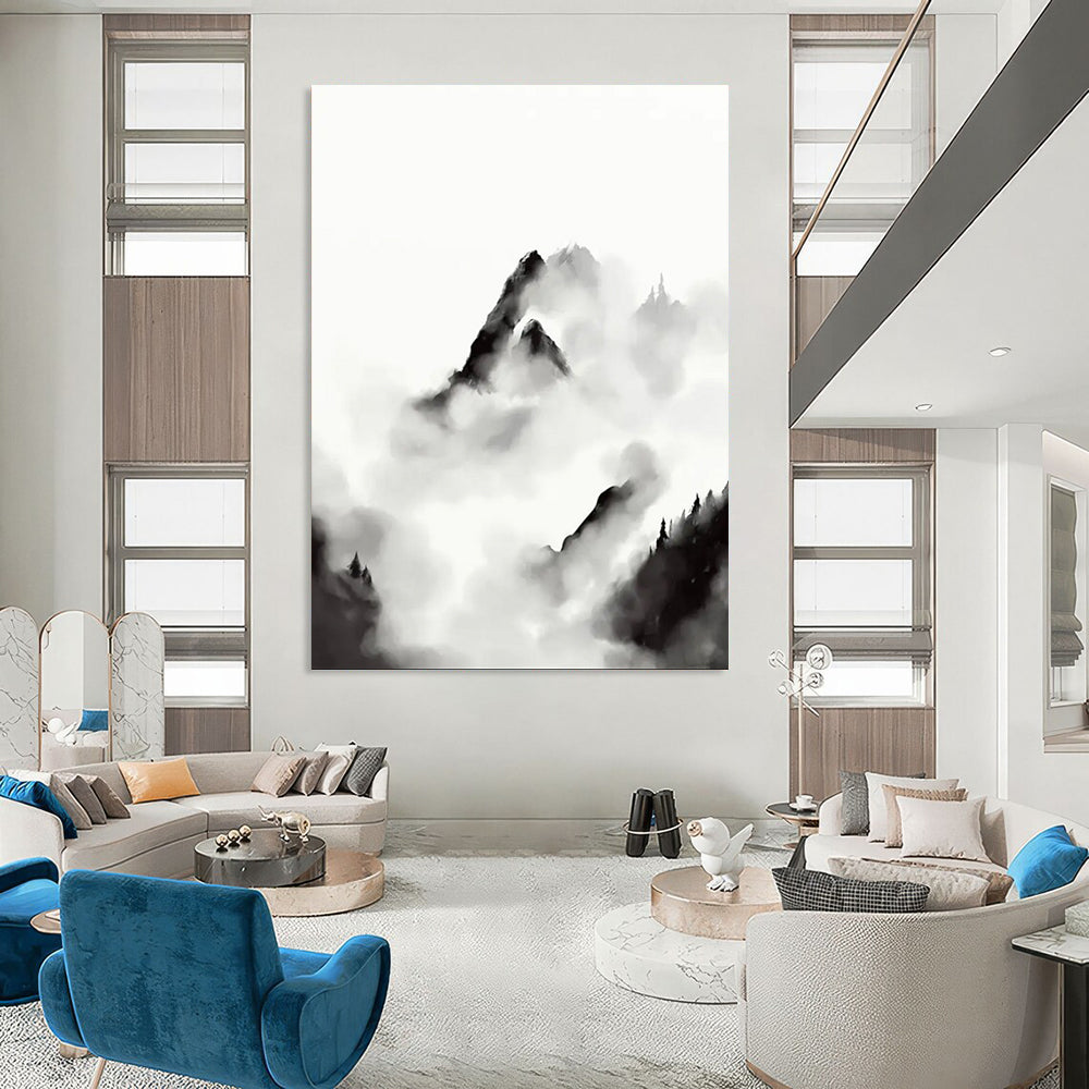 “Ink - Wash Mountain Clouds” - Black and White Ink - Wash Painting On Canvas DTP207