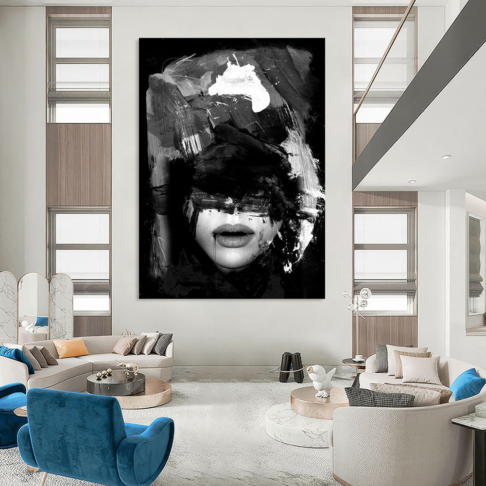 “Black - White Abstract Portrait” - Black, White Abstract Figure Painting On Canvas DTP232