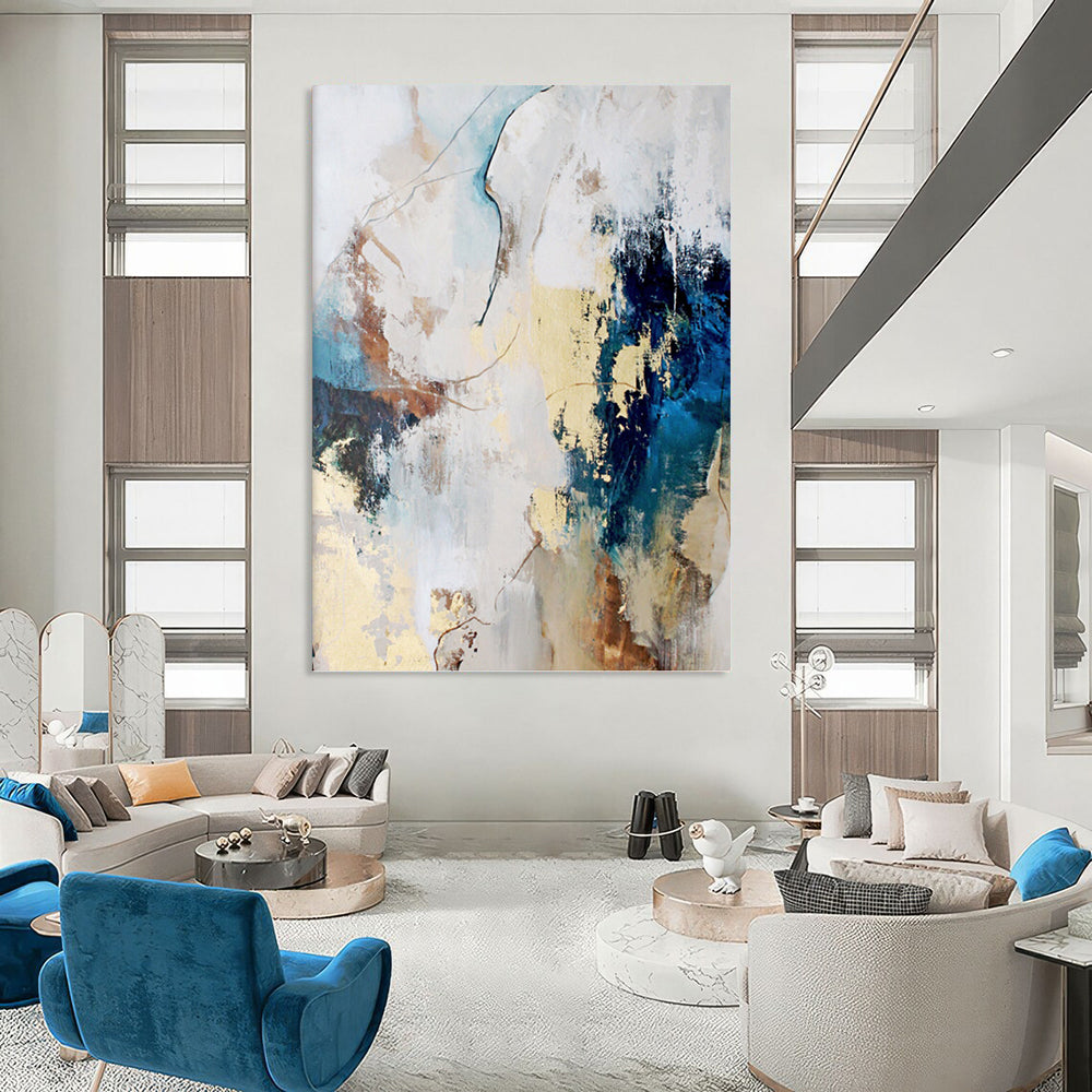 “Blue, Beige & Gold Abstract Blend” - Blue, Beige, Gold & White Eclectic Painting On Canvas DKH1018