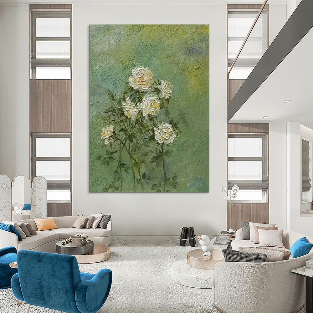 “White Roses on Green” - Textured Floral Painting CT1987