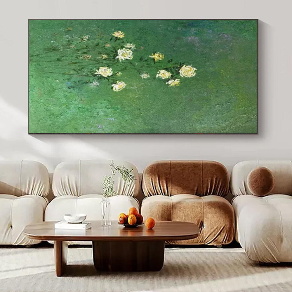 Green Background, White Flowers - "Whispering Blooms" - Impressionistic Oil Painting CT1453