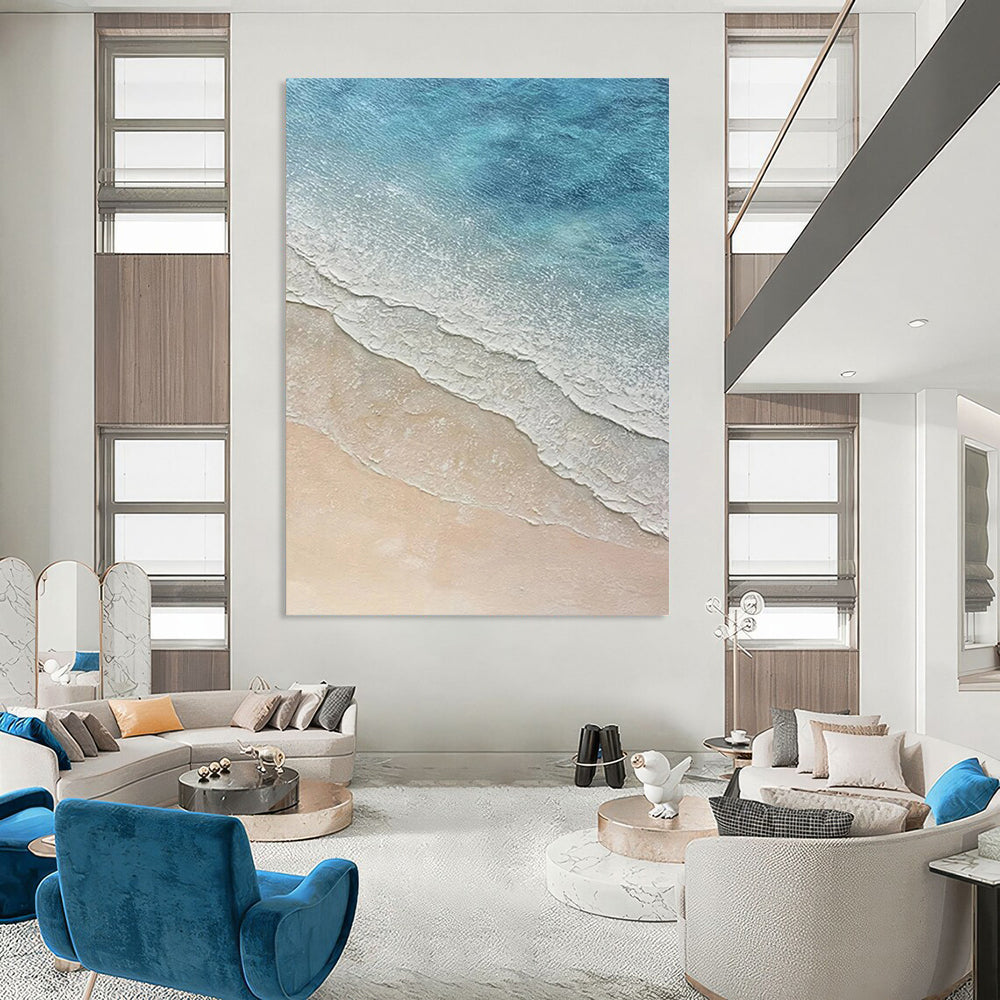 “Blue, White, Beige Coastal Waves ‘Seaside Serenity’” - Realistic Textured Landscape Painting On Canvas DTP314