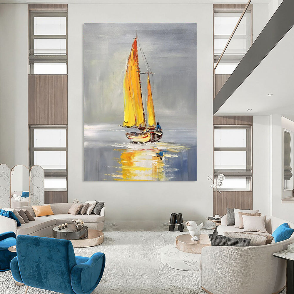 “Yellow - Sailed Boat” - Gray & Yellow Sailboat Painting On Canvas CT2198