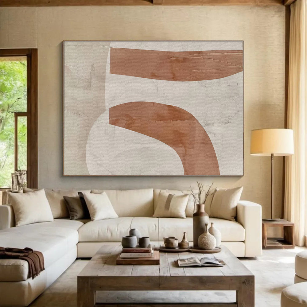 Beige and Brown Abstract “Earthy Curved Abstraction” Painting On Canvas DKH148